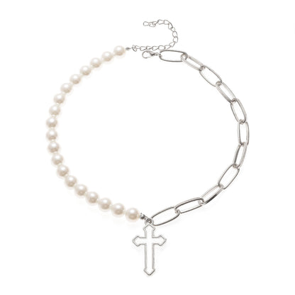 Pearl & Chain Cross Necklace