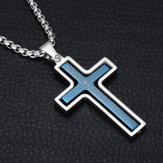 Stainless Steel Rotatable Bible Verse Cross Pendant Necklace