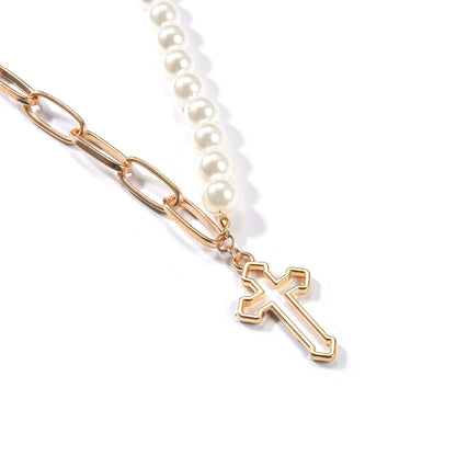 Pearl & Chain Cross Necklace