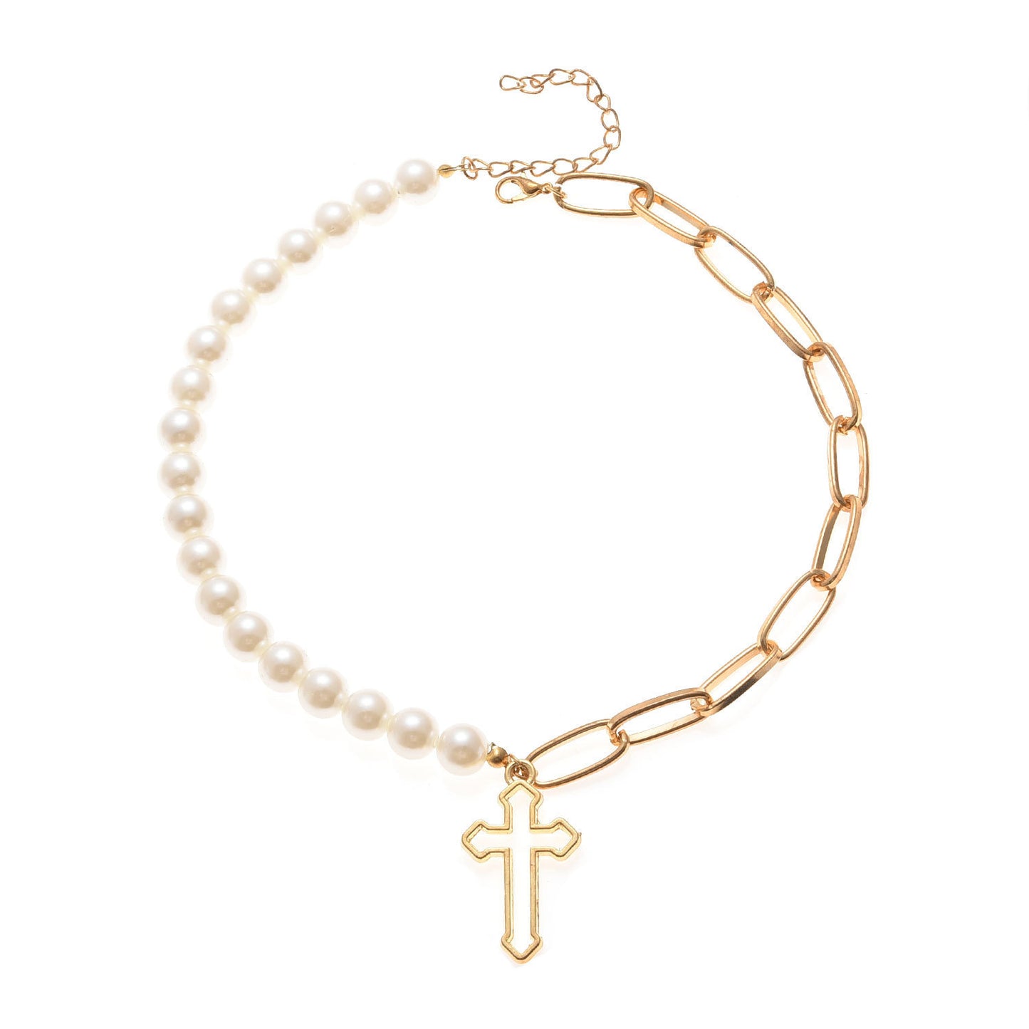 Pearl & Chain Cross Necklace